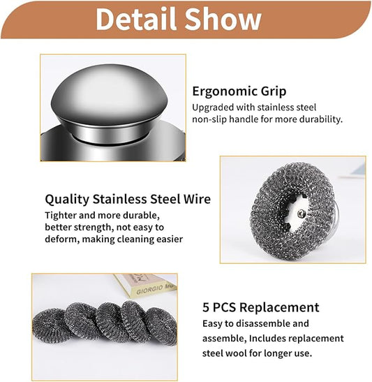 6Pcs Steel Wool Scrubber with Replacement Wire Pads Set, Stainless Steel - Image 2