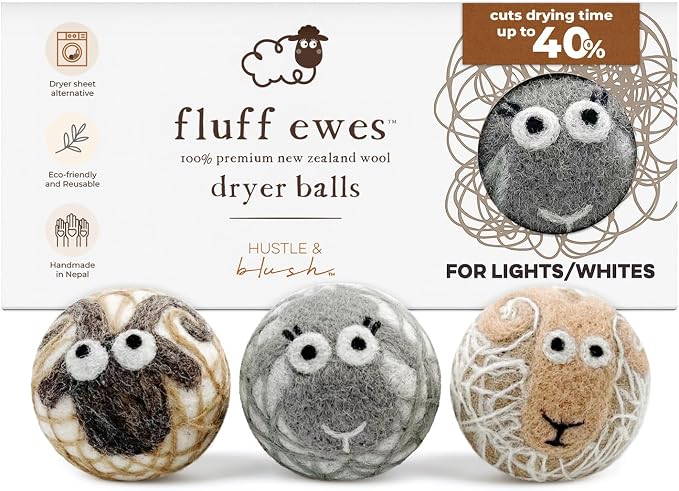Fluff Ewes Wool Dryer Balls 3 Pack Premium New Zealand Wool Laundry Balls by HustleBlush