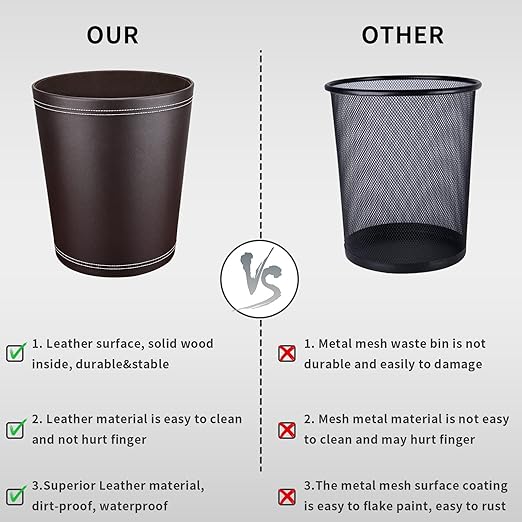 Pu Leather Trash Can for Bedroom, 2.6 Gallon Wastebasket for Office, Small - Image 5