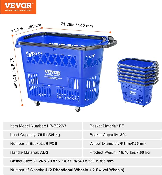 VEVOR Shopping Carts with Handles, 39L Plastic Rolling Shopping Basket with - Image 7