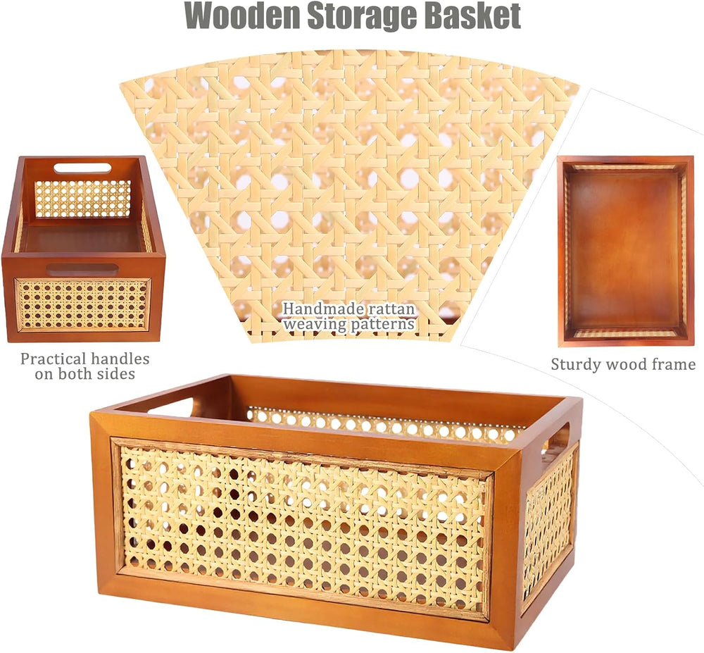 Rattan Storage Baskets Set, Wooden Frame with Woven Cane Design, Nesting Orga...
