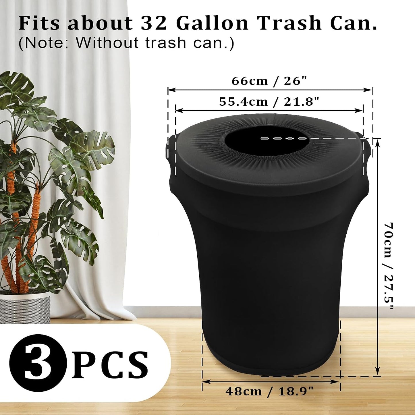 BSTKEY 32 Gallon Stretch Spandex Trash Can Cover, 3 Pack Outdoor Fitted Waste Container Cover Round Garbage Can Covers for Wedding Party Fundraiser Decor, Without Trash Can (Black)