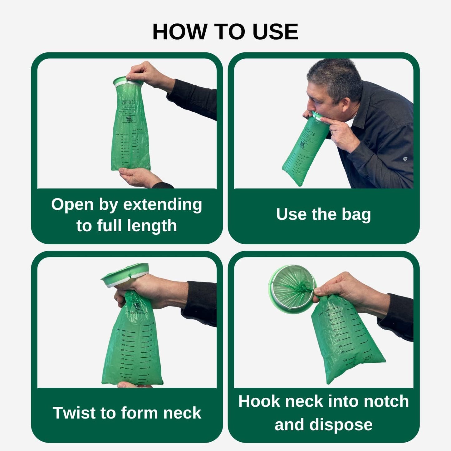 HCS Vomit Bags Disposable, Adults, Kids, Emesis Bags, Throw Up, Barf, Puke | Eco-Friendly, Car, Air Travel, Home, First Trimester Pregnancy Nausea, Morning Sickness, Hospital Patient, Medical, 24, Green