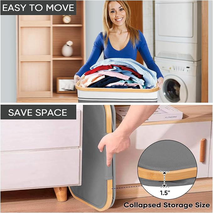 BALEINE Laundry Hamper with Lid, Tall Laundry Baskets with Bamboo Pull Handles - Image 6