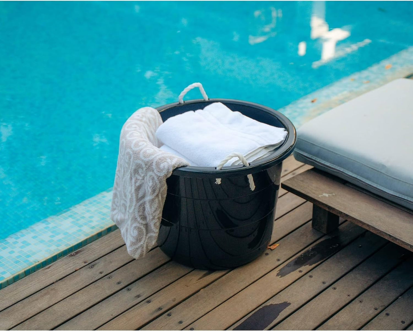 Flexible 17-Gallon Plastic Storage Tub with Rope Handles, Lightweight, Multi-Purpose, Black, 21.5x21.5x16.5 Inch, Indoor/Outdoor Use
