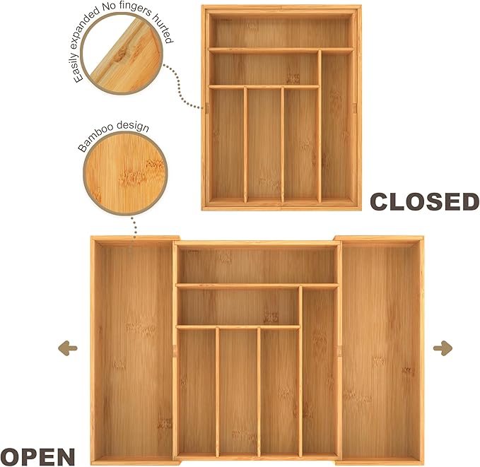 BAMEOS 3.9inch Tall Bamboo Drawer Organizer, Expandable Utensil Holder - Image 7