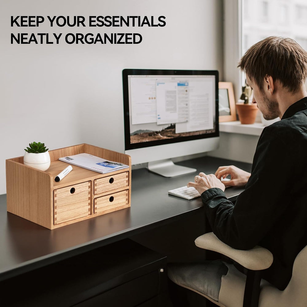 KIRIGEN Wooden Desk Organizer with 3 Drawers and Top Tray Natural DT1D3C-NA
