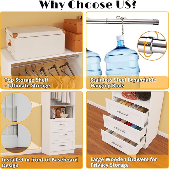 Closet System with 2 Sets, 4FT Closet Organizer Systems with 3 Wooden Drawers & - Image 4