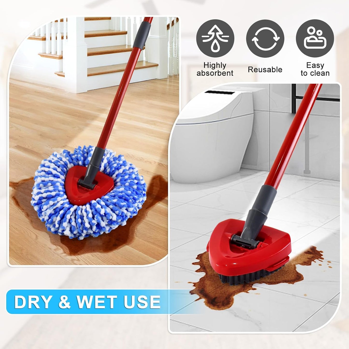 Mop Head Replacement for O Cedar, Spin Mop Replacement Head for Ocedar Easywring 2 Tank System, Mop Heads Includeds 3 Mop Replacement Heads, 2 Spin Scrub Brush, 1 Base & 1 Chenille Pad
