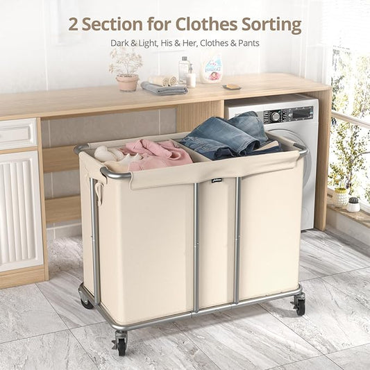 230L Rolling Laundry Hamper, 2-Section Laundry Basket - Image 2