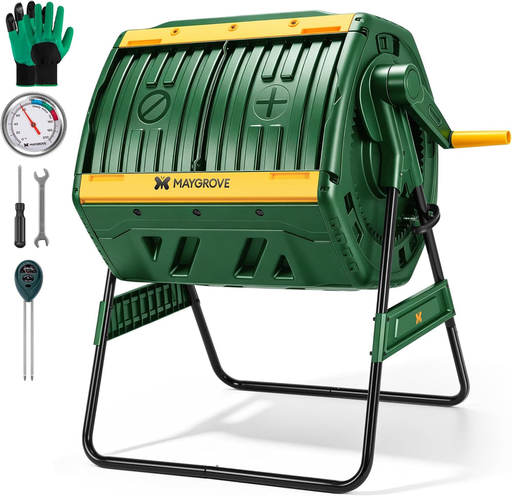 MAYGROVE Outdoor Compost Bin 53 Gallon Dual Chamber Composting Tumbler