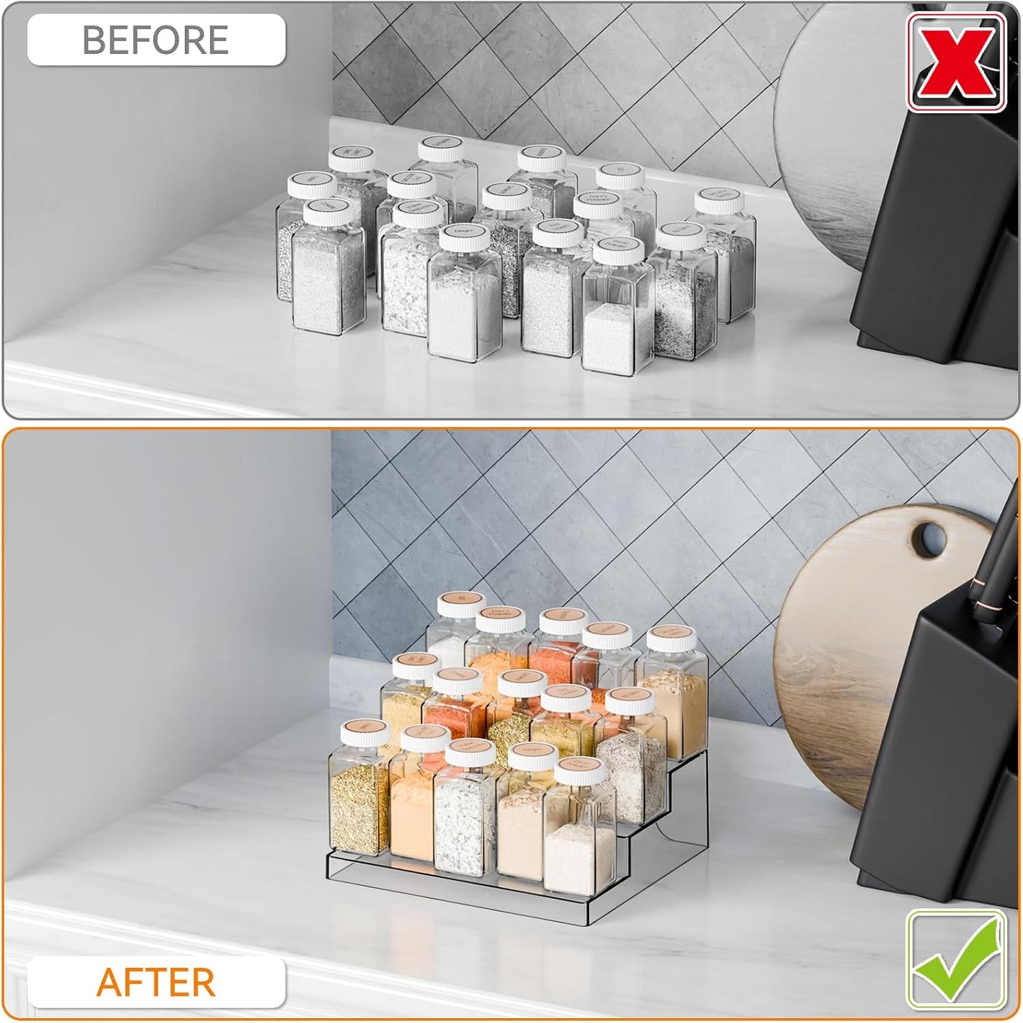 2 Pack 3 Tier Clear Acrylic Spice Rack Organizer for Cabinet and Pantry Shelf - 10.3″L Small Tiered Spice Rack and Step Shelves for Vitamin,Medicine Bottle,Jar,Can,Seasoning,Condiment Organizer