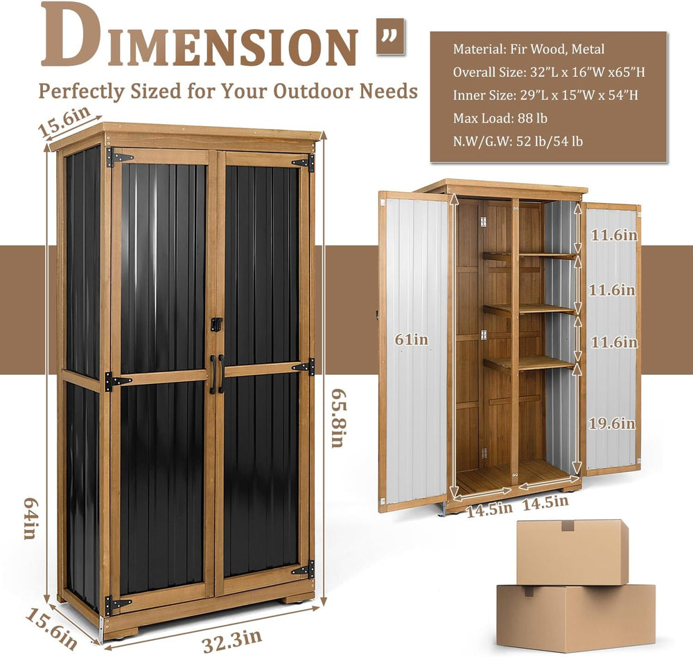 Outdoor Storage Cabinet, Wood & Metal Storage Shed with Weather-Resistant...