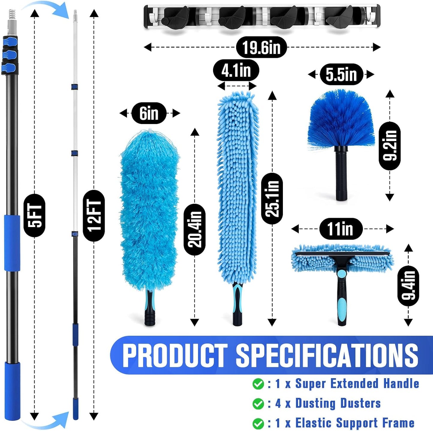 20Ft High Reach Ceiling Fan Cleaner Duster Kit, Reusable Cobweb Duster with 5-12Ft Heavy Duty Extension Pole, Washable Microfiber Duster & Window Squeegee for High Ceiling & Glass Cleaning