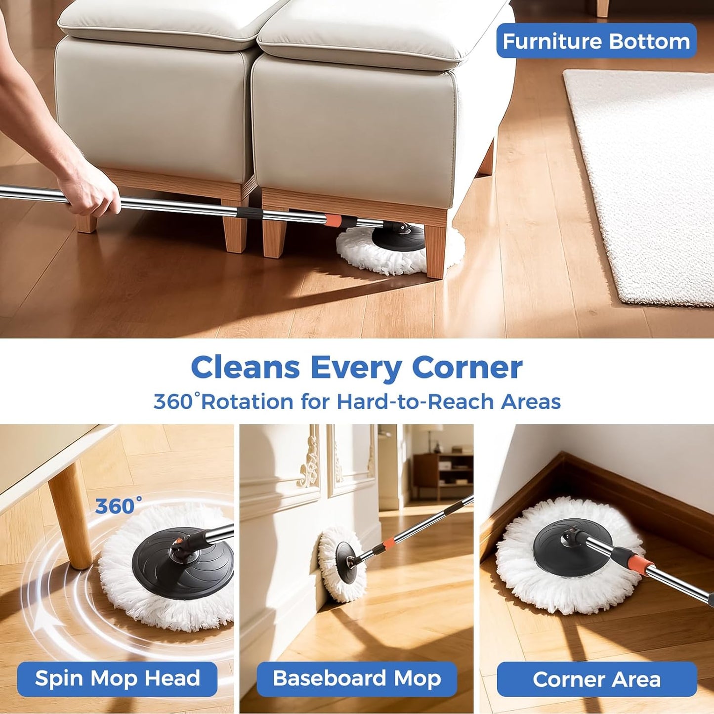 YASHE Foldable Spin Mop and Bucket System, Dual-Bucket Cleaning & Stainless Steel Wringing, Collapsible Storage with Detergent Bottle, 2 Reusable Microfiber Mop Heads for Floor Cleaning
