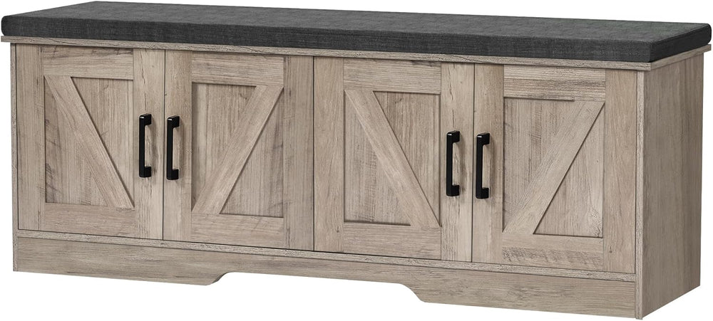 HOMSHO Farmhouse Shoe Storage Bench with 4 Barn Doors & Padded Seat Cushion