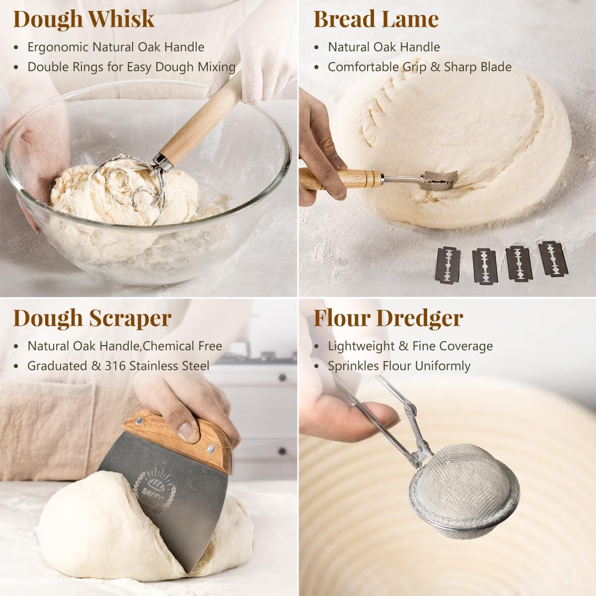BAVIFY Sourdough Starter Kit, Banneton Bread Proofing Baskets Set | Complete Sourdough Bread Baking Supplies, Beginner Friendly, 9 in Round and 10 in Oval Rattan Banneton & 24 oz Starter Jar