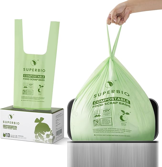 SUPERBIO 13 Gallon Handle Tie Compostable Food Waste Bags, 2 Pack, ASTM D6400 - Image 7
