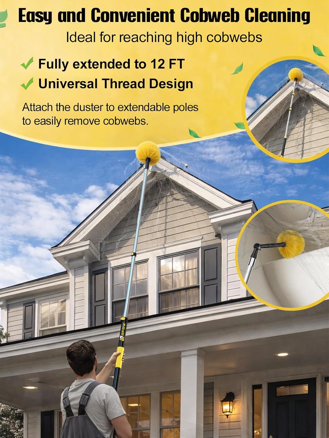 20ft High Reach Cobweb Duster with 5-12ft Extension Pole and 2 Brush Heads | Spider Web Brush with Aluminum Telescopic Pole,Webster Cobweb Duster with Universal Joint,Web Remove Tool for Indoor &Outdoor