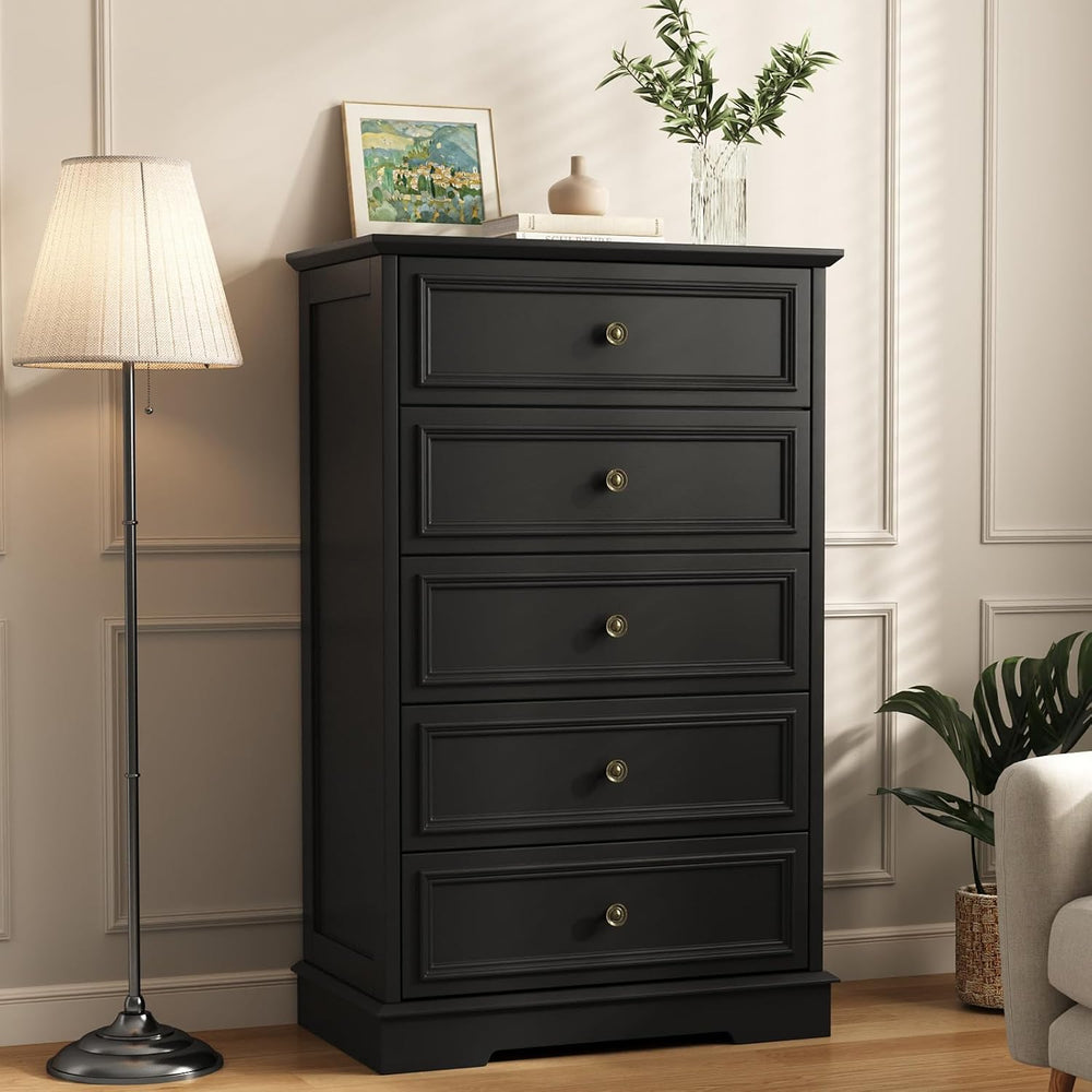 Black 5 Drawer Dresser, 44" Tall Wooden Dresser and Chest of Drawers for...