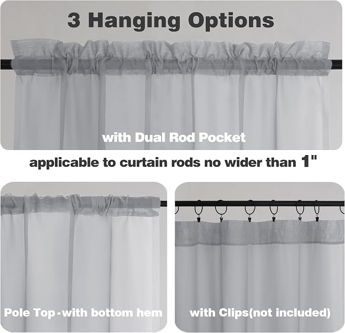 Chyhomenyc Light Grey Sheer Curtains 45 Inch Long 2 Panels, Light Filtering Rod - Image 3