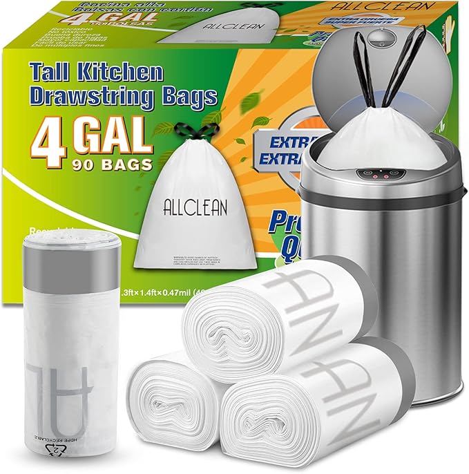 Trash Bags 4 Gallon Small Kitchen Drawstring Bathroom Garbage Bags, Fit 2-4 Gal by ALLCLEANbags