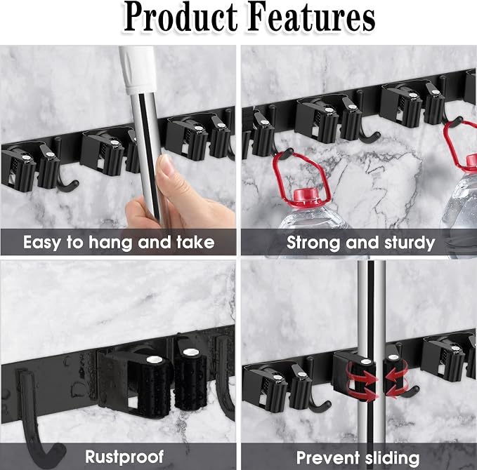 AceMining 2 Pack Black 5 Racks and 4 Hooks Mop and Broom Holder Wall Mount - Image 2