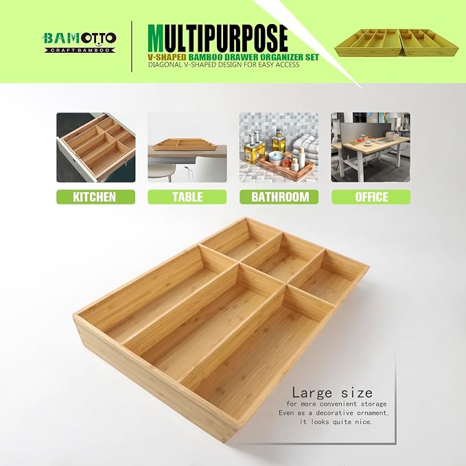 V-Shaped Extra Large Bamboo Drawer Organizer Set of 2, Kitchen Cutlery Tray - Image 5