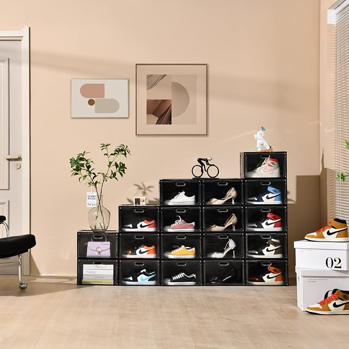 8 Pack Shoe Boxes Black Plastic Stackable, Large Shoe Storage Organizer - Image 6