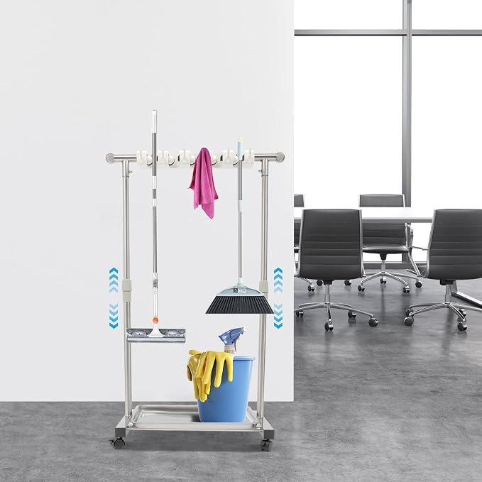 Broom Mop Holder, Movable Put Wet Mops Broom Floor Standing Cleaning Tool Rack - Image 8