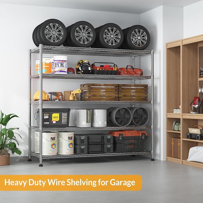 Himimi Storage Shelves with Wheels, 5-Tier Heavy Duty Steel Wire Rack Storage - Image 2