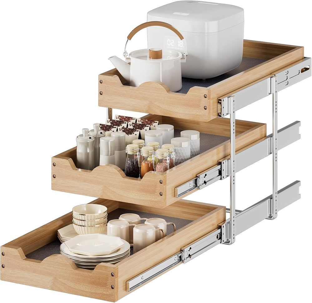 DINDON 3 Tier Pull Out Cabinet Organizer 11” W X21” D Slide Out Wood Drawer W...