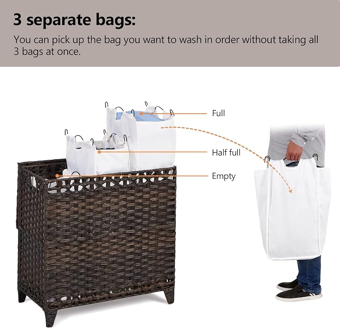 Laundry Hamper with 3 Removable Liner Bags; 132L Handwoven Rattan Laundry - Image 3