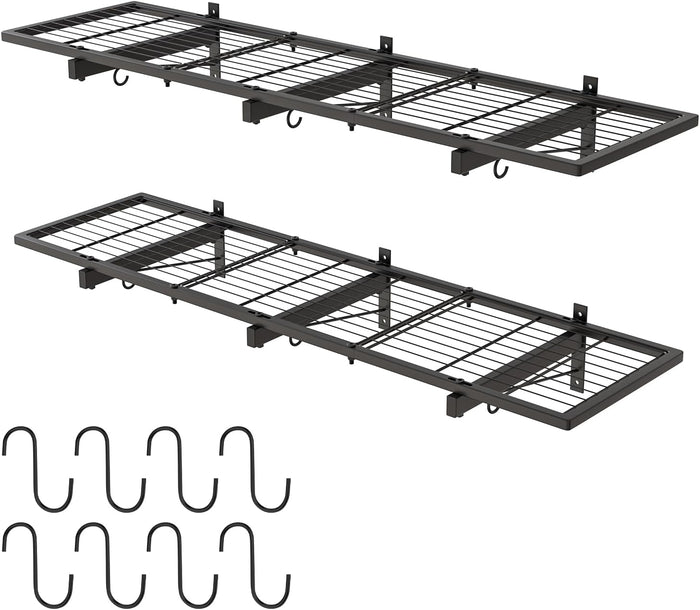 2-Pack 1x4ft Heavy Duty Garage Wall Shelving, 320 lbs Load Capacity, Garage Shelving Wall Mounted with 8 Hooks, Garage Storage Rack Floating Shelves for Laundry Room, Kitchen, Shed