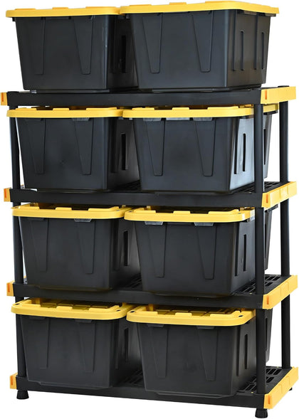CX Heavy Duty 4-Tier Garage Storage Shelves + 8-pack 27-Gallon Bins & Lids