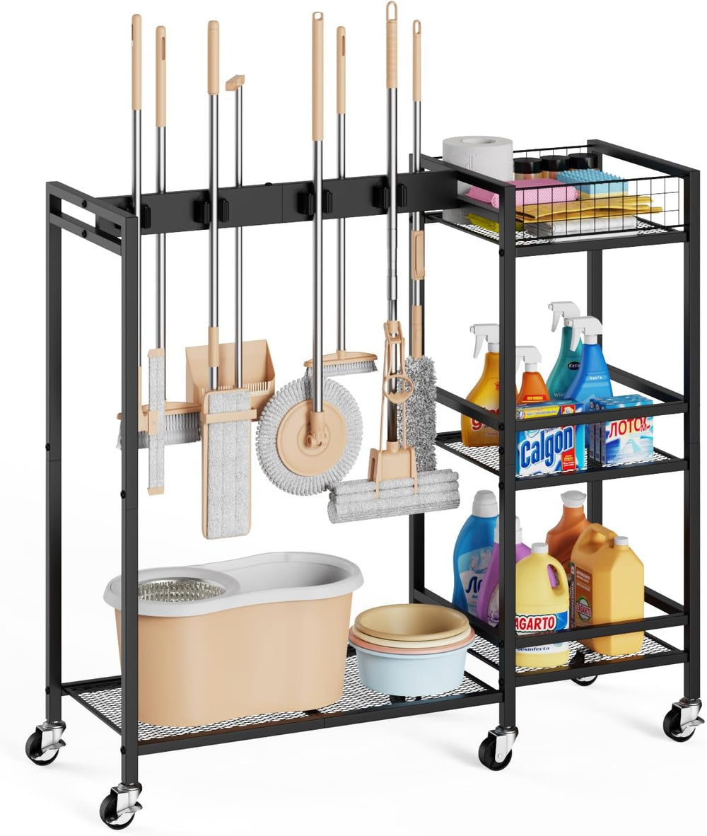Broom Holder with Cleaning Supplies Organizer, Movable Broom Closet Storage