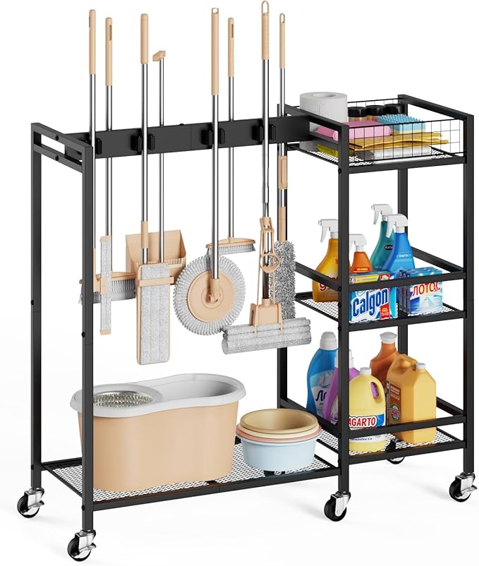Broom Holder with Cleaning Supplies Organizer, Movable Broom Closet Storage by BORISI