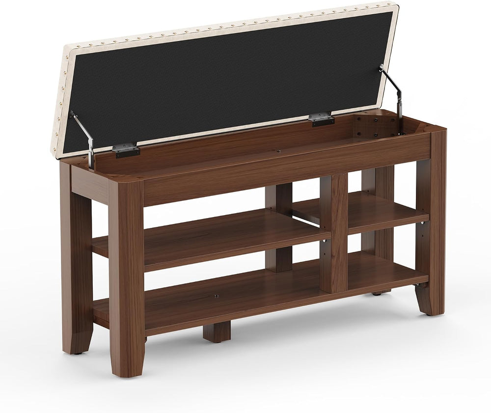 Shoe Bench for Entryway, Solid Rubberwood Shoe Bench with Hidden Storage, Adj...