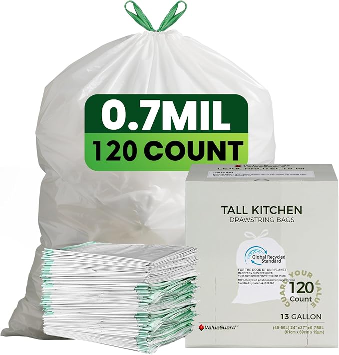 Large Trash Bag 13 Gallon Tall Drawstring 100% Post-Consumer Recycled Garbage by ValueGuard