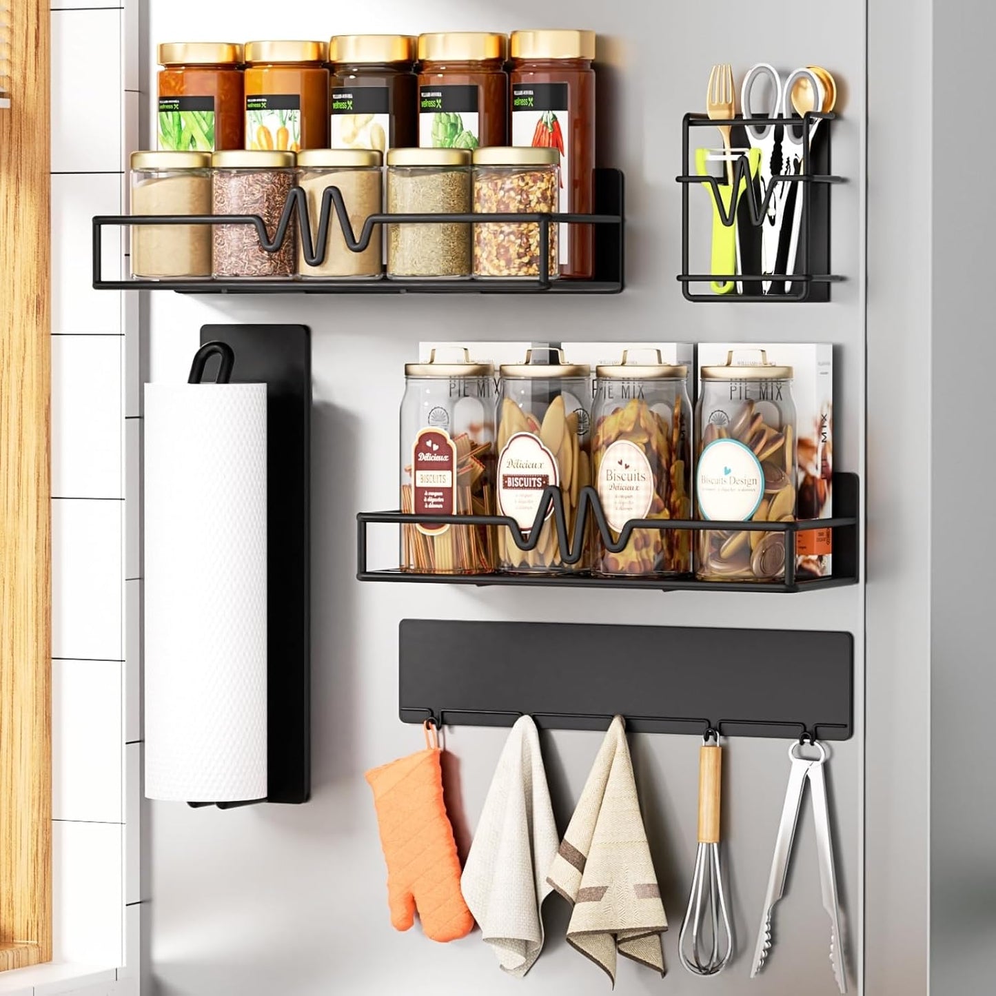 5-Pack Magnetic Spice Rack for Refrigerator, Black | Heavy Duty Magnetic Shelf, Paper Towel Holder Included, Utensils Racks & Hook Rail, Home Kitchen Laundry Room RV Storage