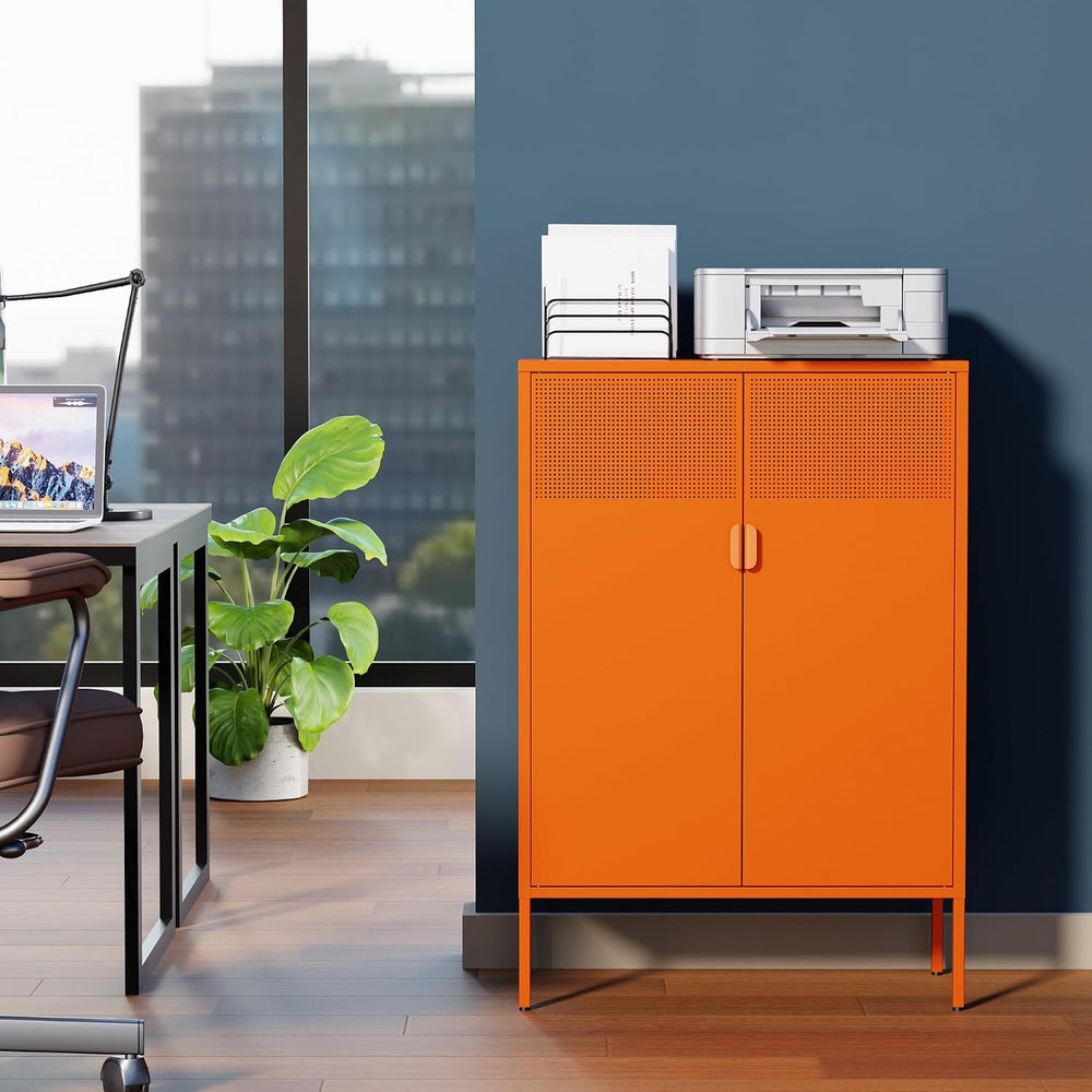 Ustamio Orange 3 Tier Metal Storage Cabinet with Legs, 2 Door Metal Locker St...