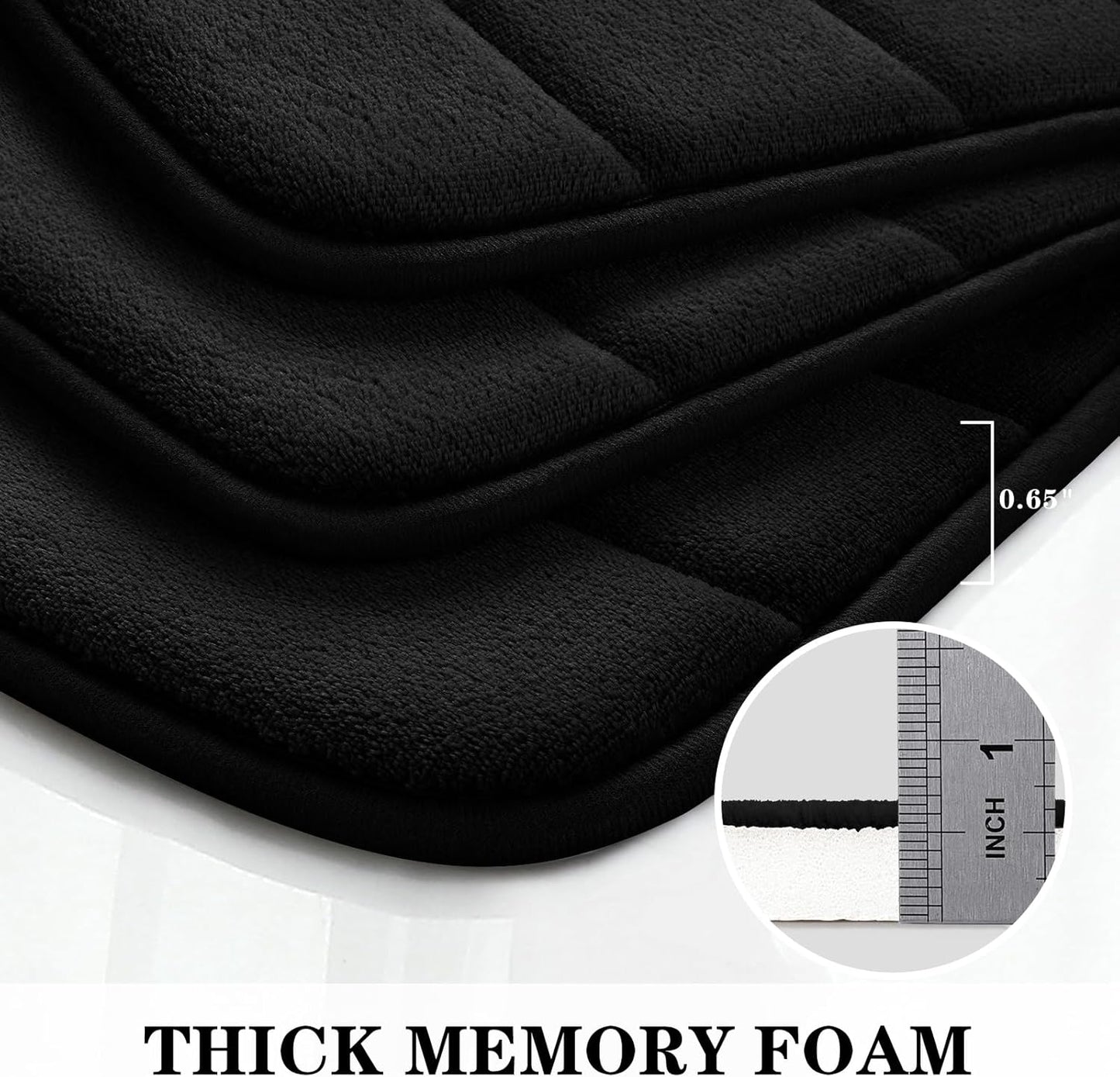 BYSURE Black Memory Foam Bathroom Rug Set 3 Piece, Non Slip Extra Soft Absorbent Washable & Dry Toilet Bath Mat Sets