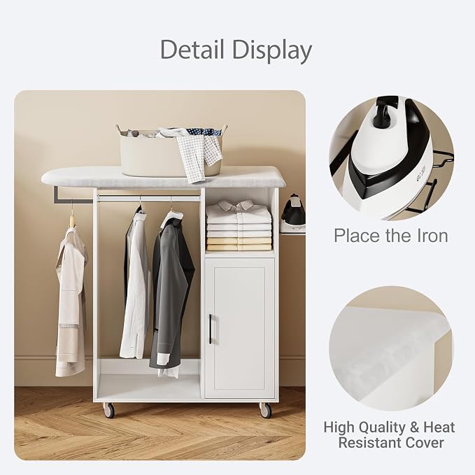 Rolling Ironing Board with Storage Cabinet, Ironing Table with Heat-Resistant - Image 6
