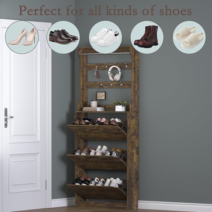 Shoe Cabinet with 3 Flip Drawers & Coat Rack, Narrow Hidden Shoe Storage Cabinet - Image 4
