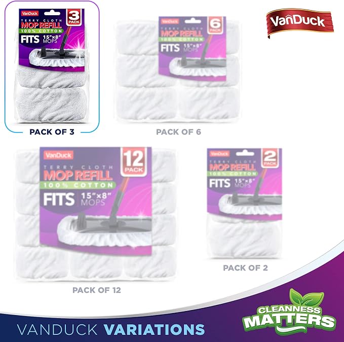 VanDuck 100% Cotton Terry Mop Pads 15x8 Inches 3-Pack, Terry Cloth Mop Covers - Image 7