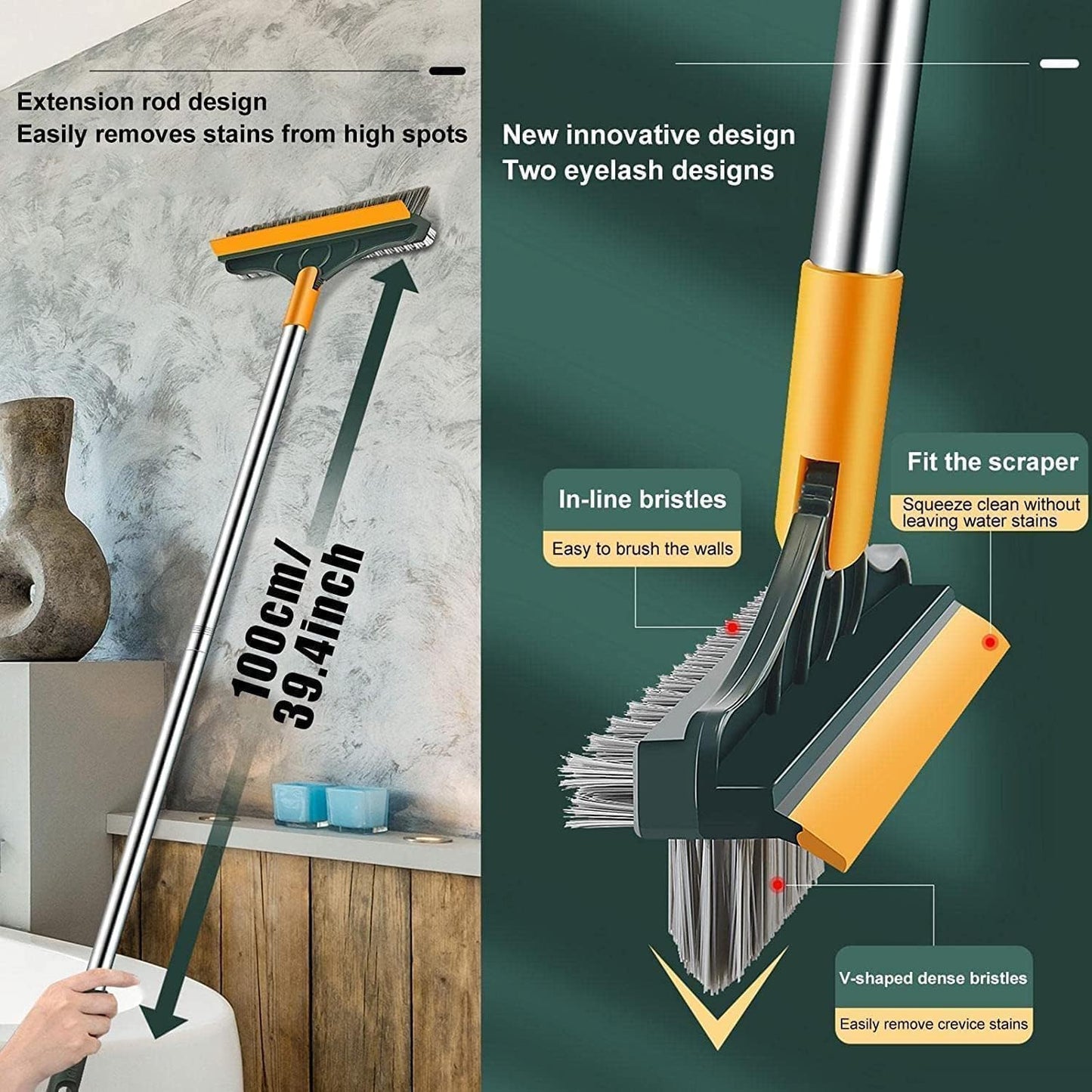 3 in 1 Toilet Bathroom Cleaning Brush with Wiper and Long Handle - 180° Rotate Floor Scrub Brush for Tiles, Home Kitchen Bathroom Toilet Cleaning Brush (Yellow, Min 1 Quantity)