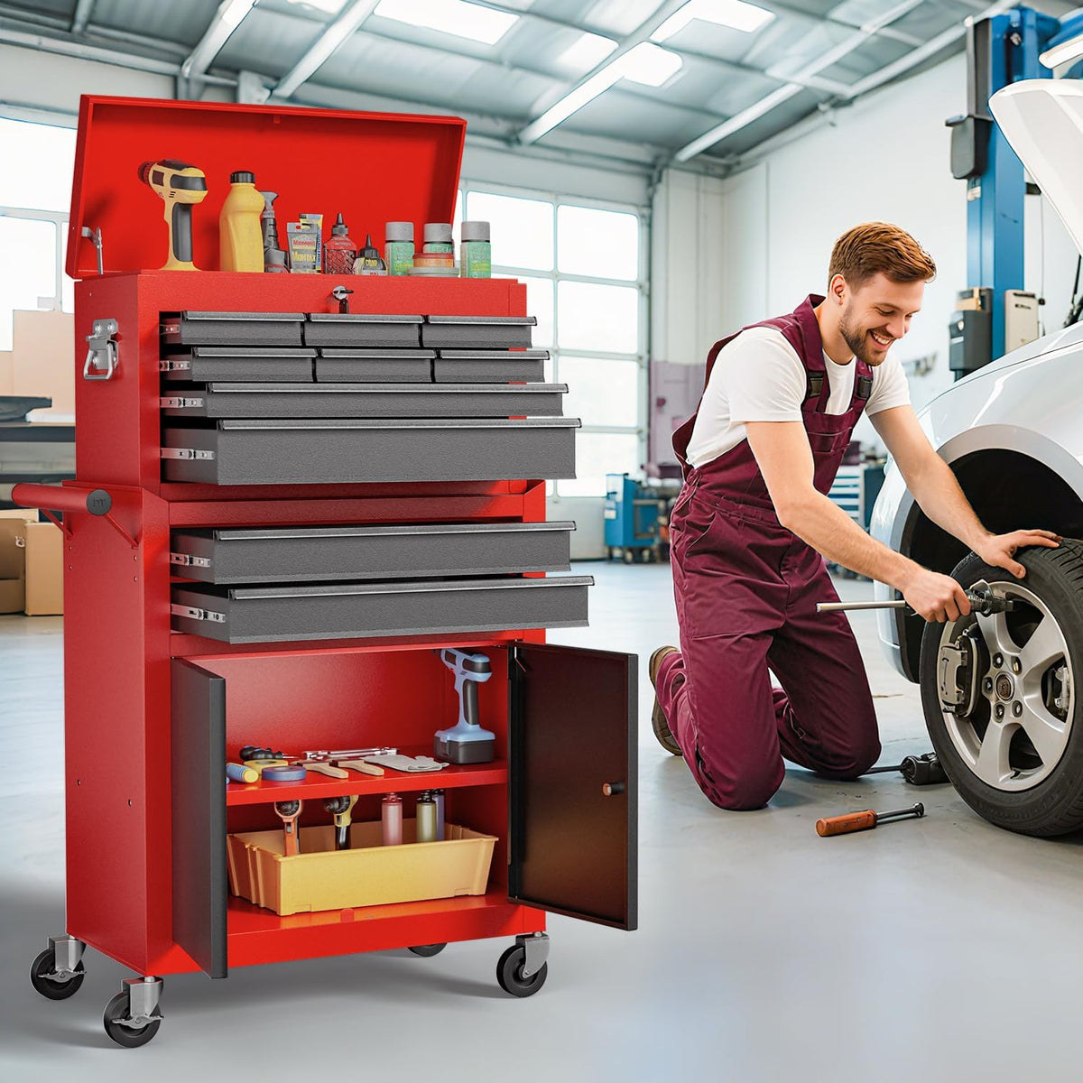 10-drawer rolling tool chest with wheels, lockable 2-in-1 shown in use