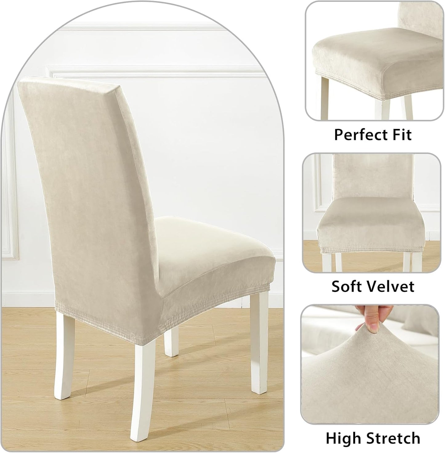 Velvet Dining Room Chair Covers Set of 6, Stretch Chair Covers for Dining Chairs, Parsons Chair Slipcover Washable, Soft Thick Velvet Fabric for Home, Kitchen, Banquet (Beige)