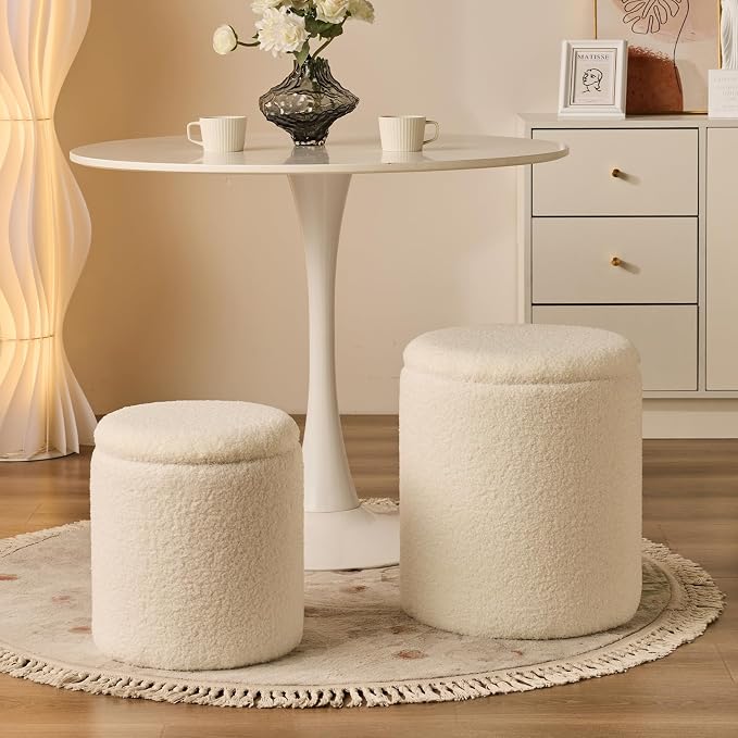 Round Ottoman with Storage Set of 2-Upholstered Sherpa Vanity Stool - Image 7
