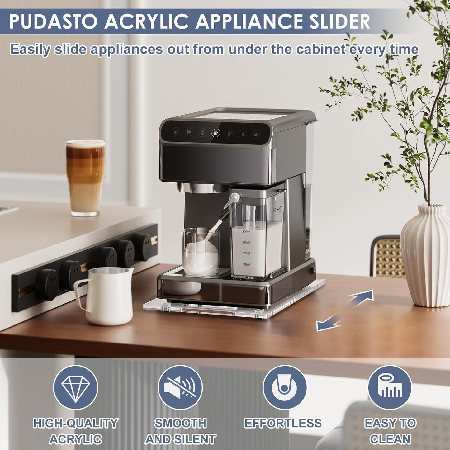 Sliding Tray for Coffee Maker, 9.8" x 14" Acrylic Appliance Sliders | Clear sliding tray for kitchen appliance, coffee pot, Stand Mixer, Toaster